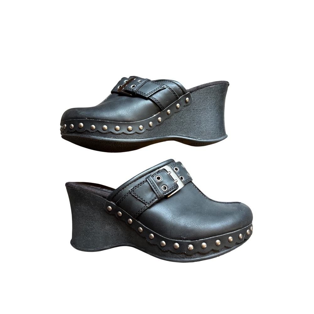 Self Esteem Vintage Y2K Black Platform Wedge Mule Clogs Studded Buckle 7.5M